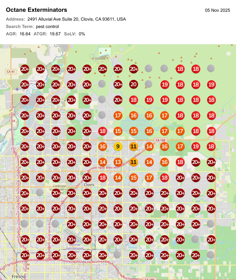 Octane Pest Control geo-grid showing Fresno-wide Map ranking