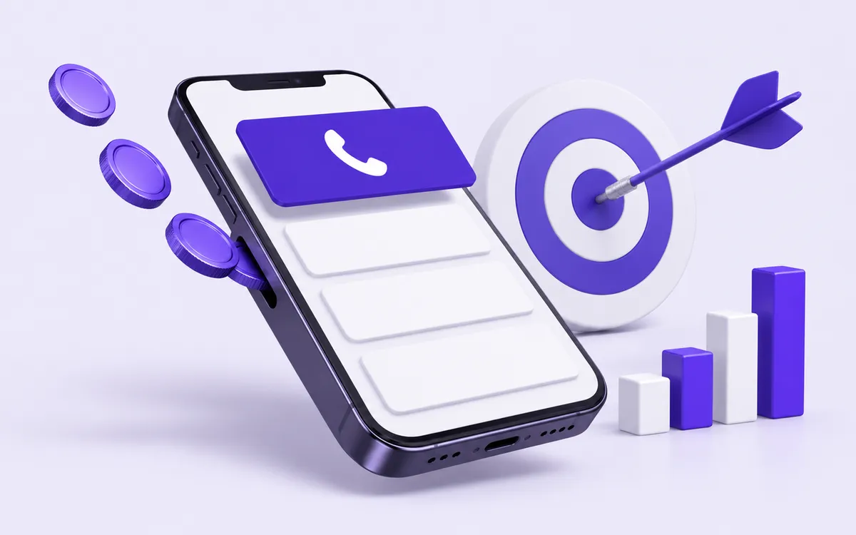 Illustration: a phone with a violet call card at the top of the results, coins, a target with an arrow and a rising bar chart.
