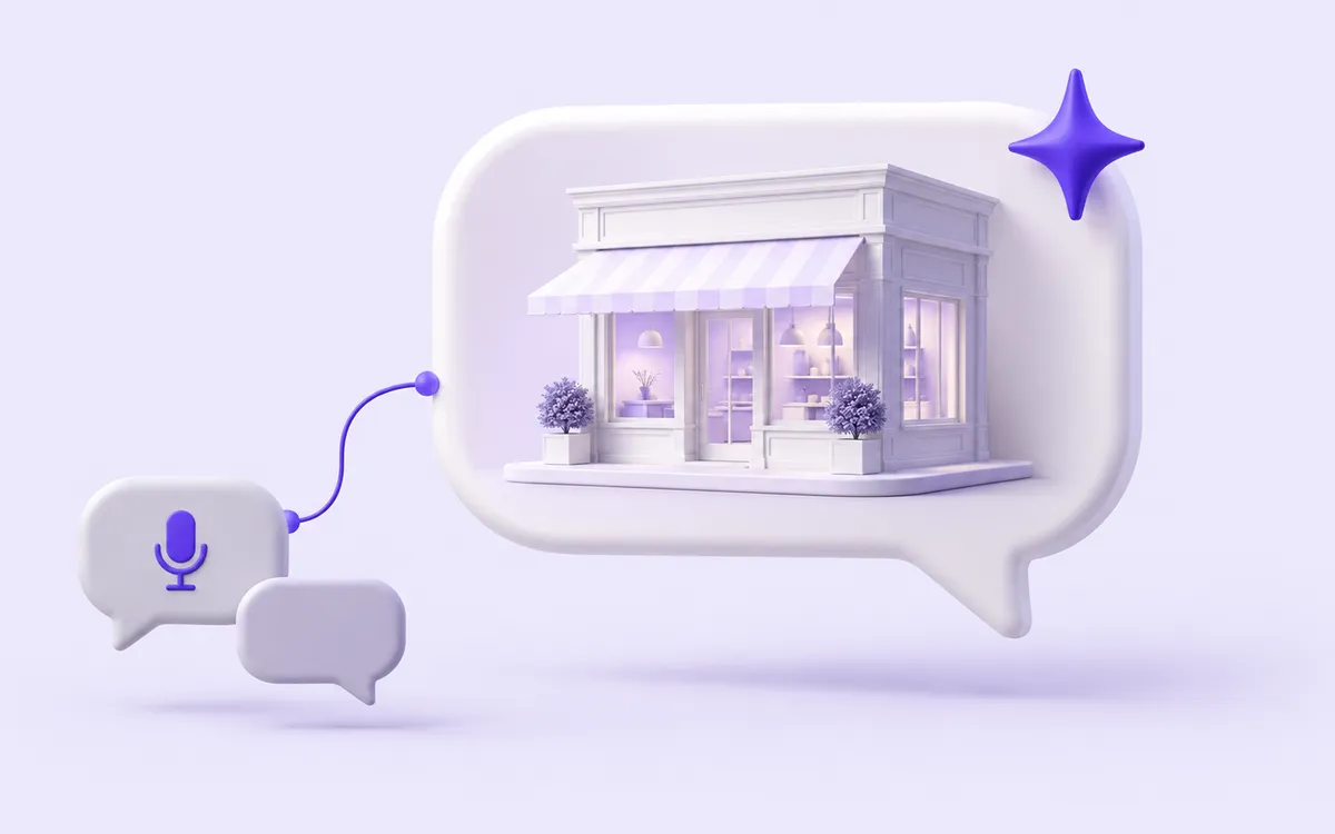 Illustration: an AI answer bubble presenting a small storefront, with question bubbles connected to it.