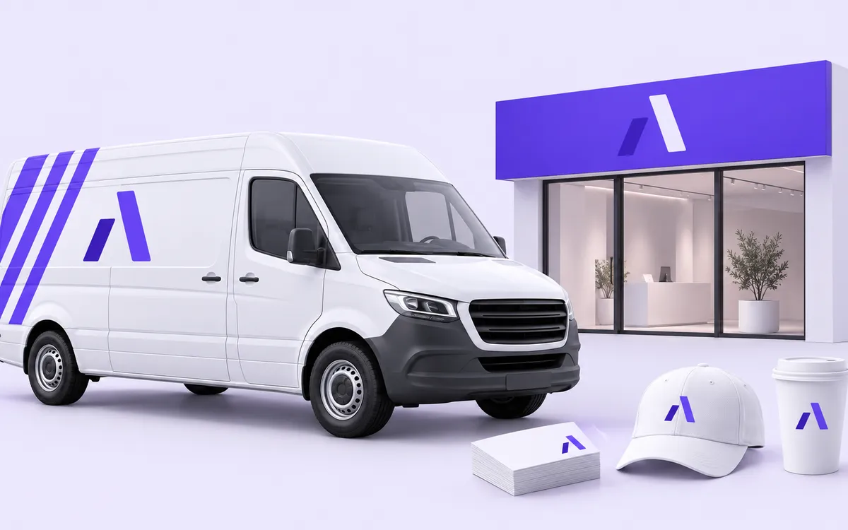 Illustration: a van with violet stripes, a sign, business cards, a cap and a cup, all carrying the same violet mark.