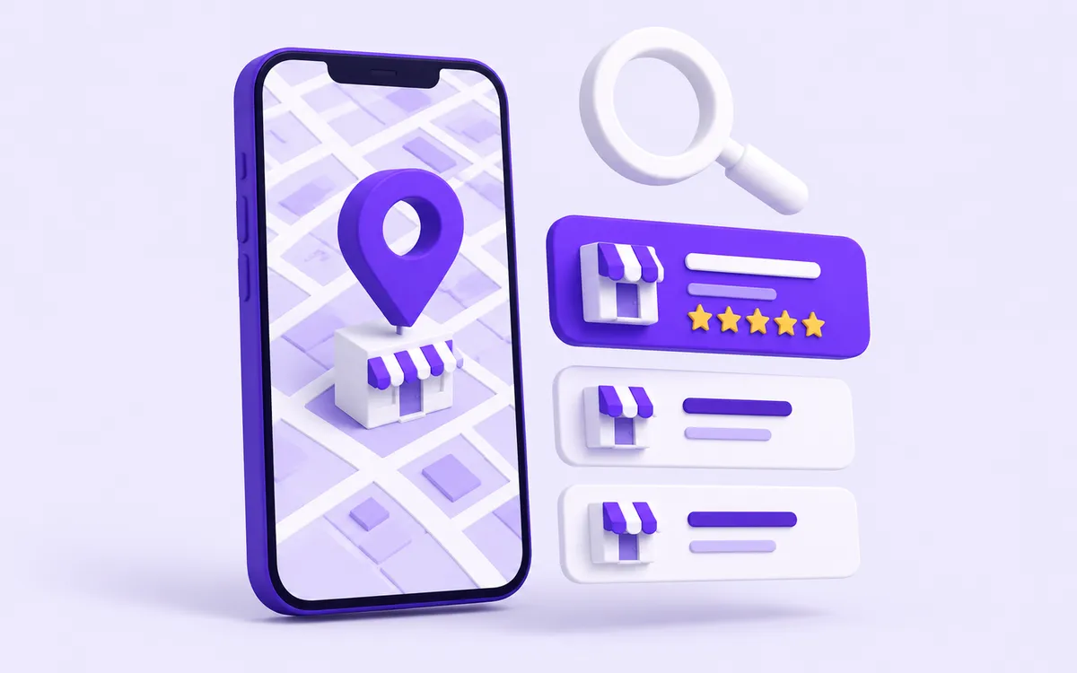 Illustration: a phone showing a map with a location pin over a storefront, beside search results with the top one highlighted and five stars.