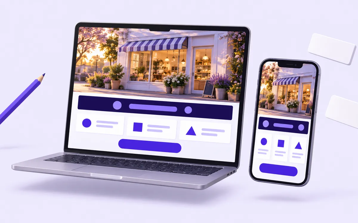 Illustration: a laptop and a phone showing the same clean website layout, with a pencil and loose layout blocks around them.
