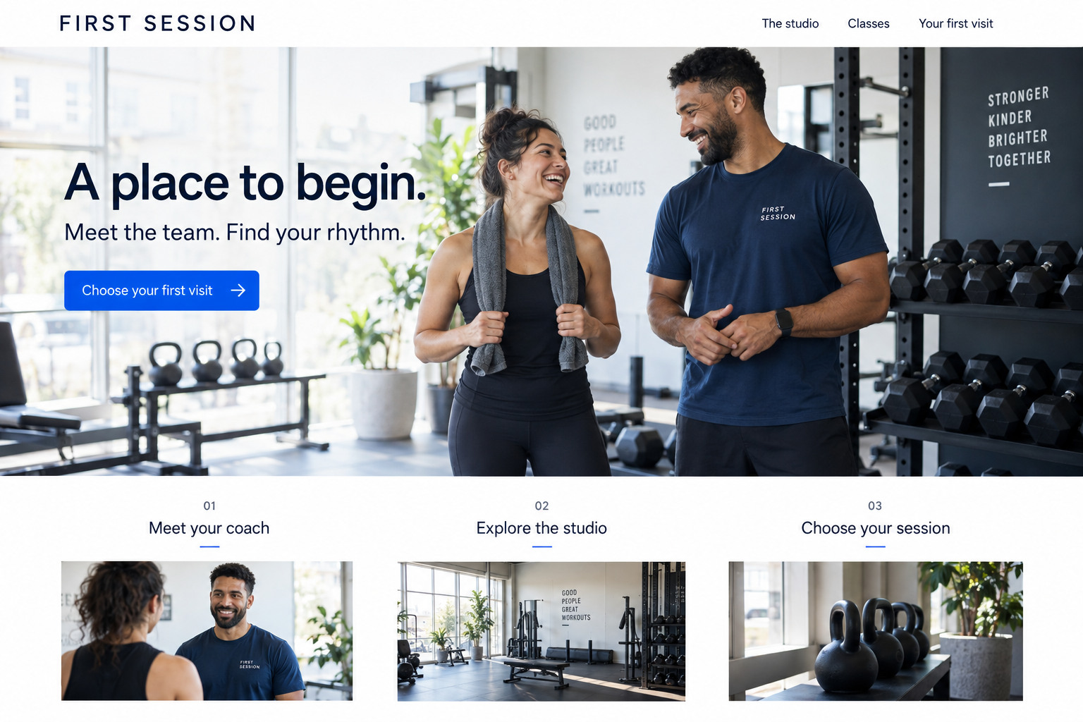 First Session fitness studio website concept with a realistic coach and member photograph, an introductory visit headline and a choose your first visit button.