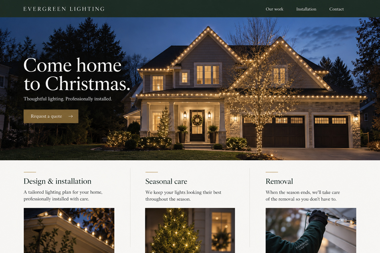 Evergreen Lighting website concept showing a real-looking home with warm white Christmas roofline lights and a request a quote button.