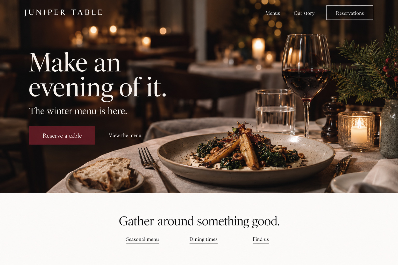 Juniper Table Christmas restaurant website concept with candlelit dining photography, a seasonal menu and a reserve a table button.