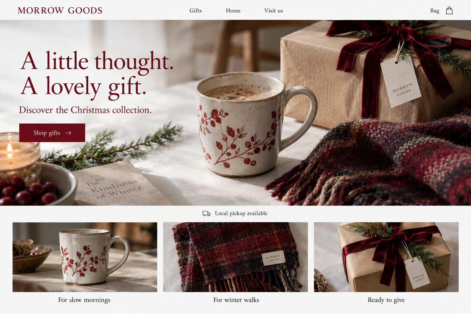Morrow Goods Christmas shop website concept with gift photography, a shop gifts button and a local pickup message.