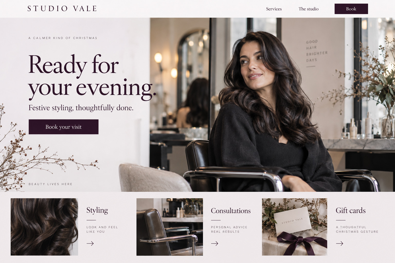 Studio Vale salon website concept featuring realistic hair styling photography, a festive appointment headline and a book your visit button.