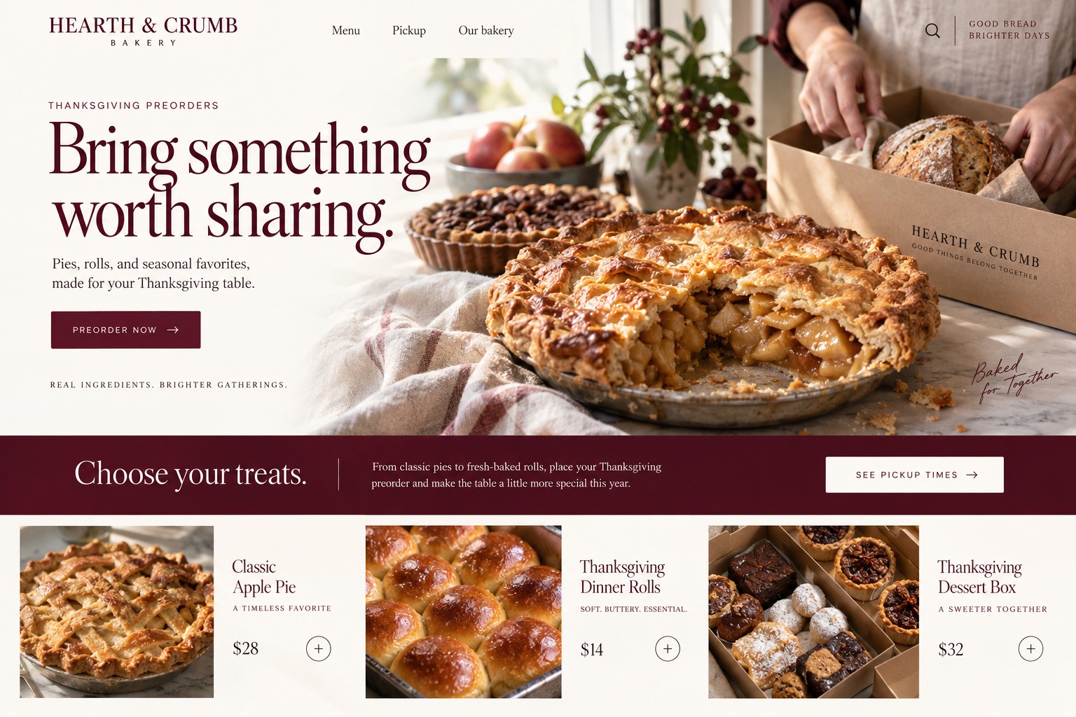 Hearth and Crumb Thanksgiving bakery website concept with apple pie, dinner rolls and preorder product cards.
