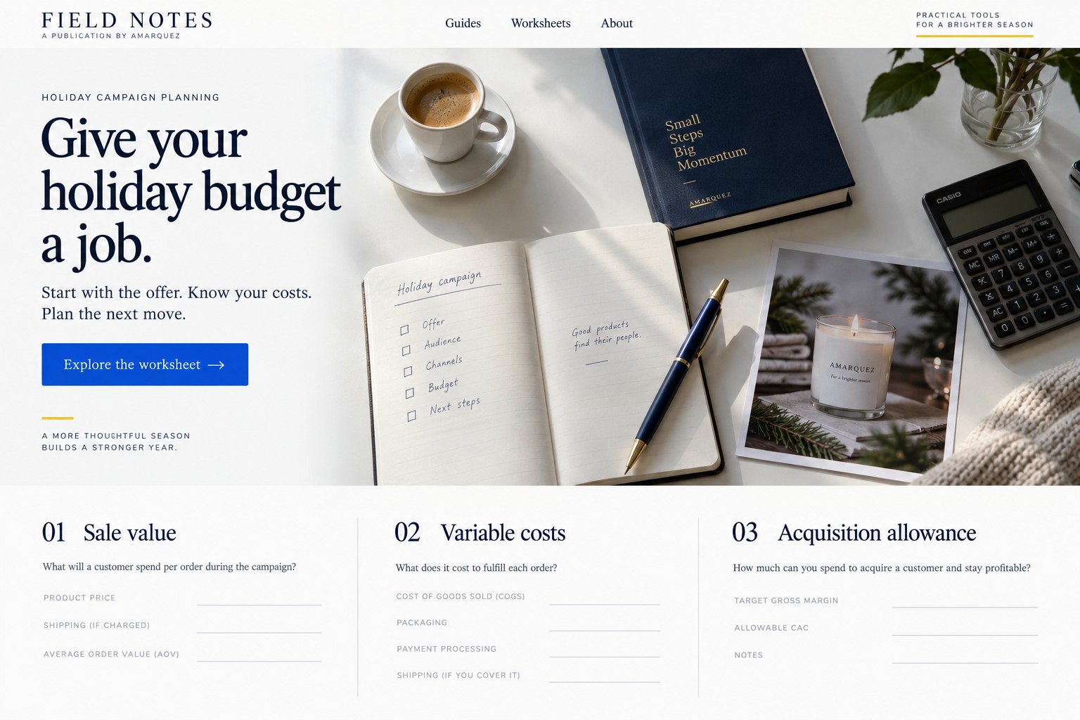 Field Notes campaign-planning website concept with a notebook, calculator and sale-value, cost and acquisition worksheet sections.