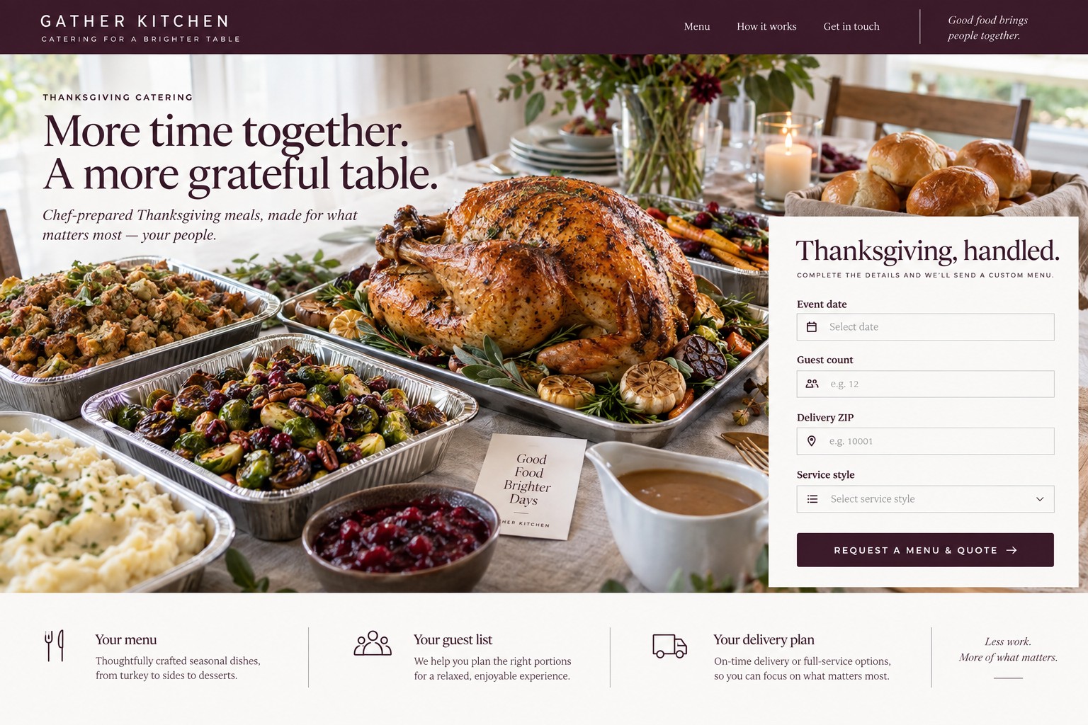 Gather Kitchen Thanksgiving catering website concept with meal photography and a date, guest-count and delivery enquiry panel.