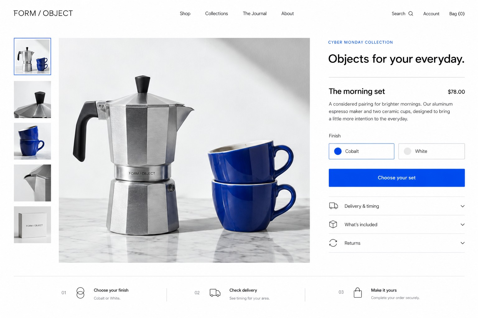 Form Object Cyber Monday product page concept with an aluminum coffee maker, cobalt cups and a purchase panel.