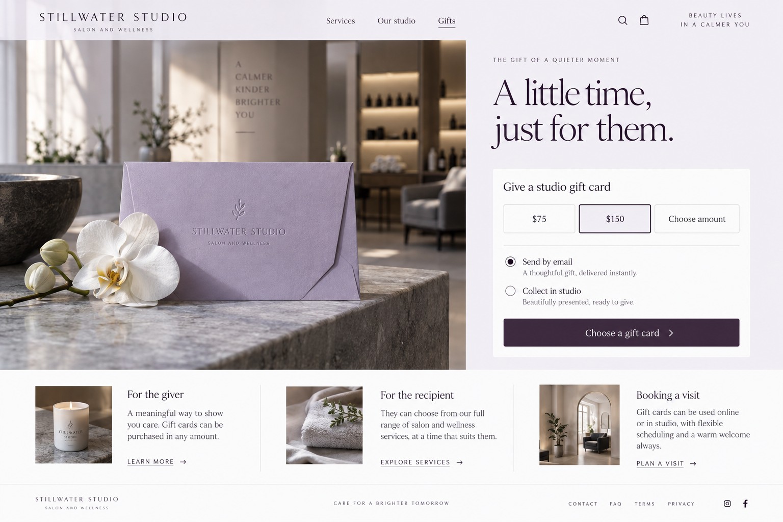 Stillwater Studio holiday gift-card website concept with a lilac gift envelope and card amount and delivery options.