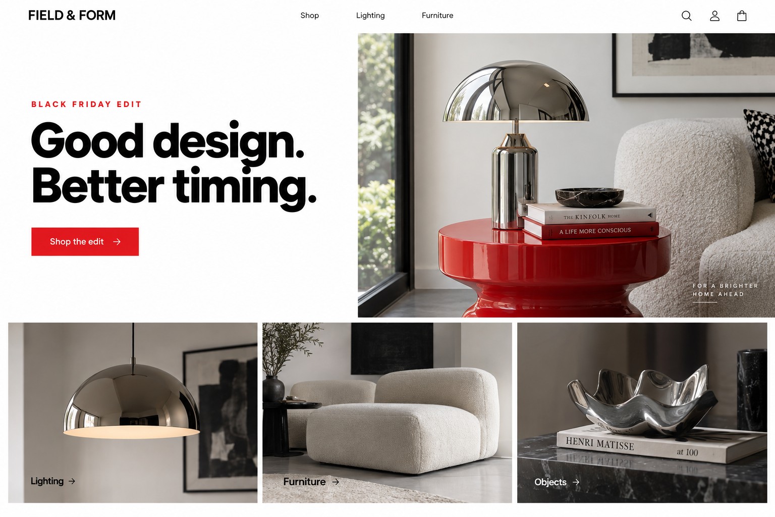 Field & Form Black Friday website concept with a chrome lamp, red table and product collection photographs.