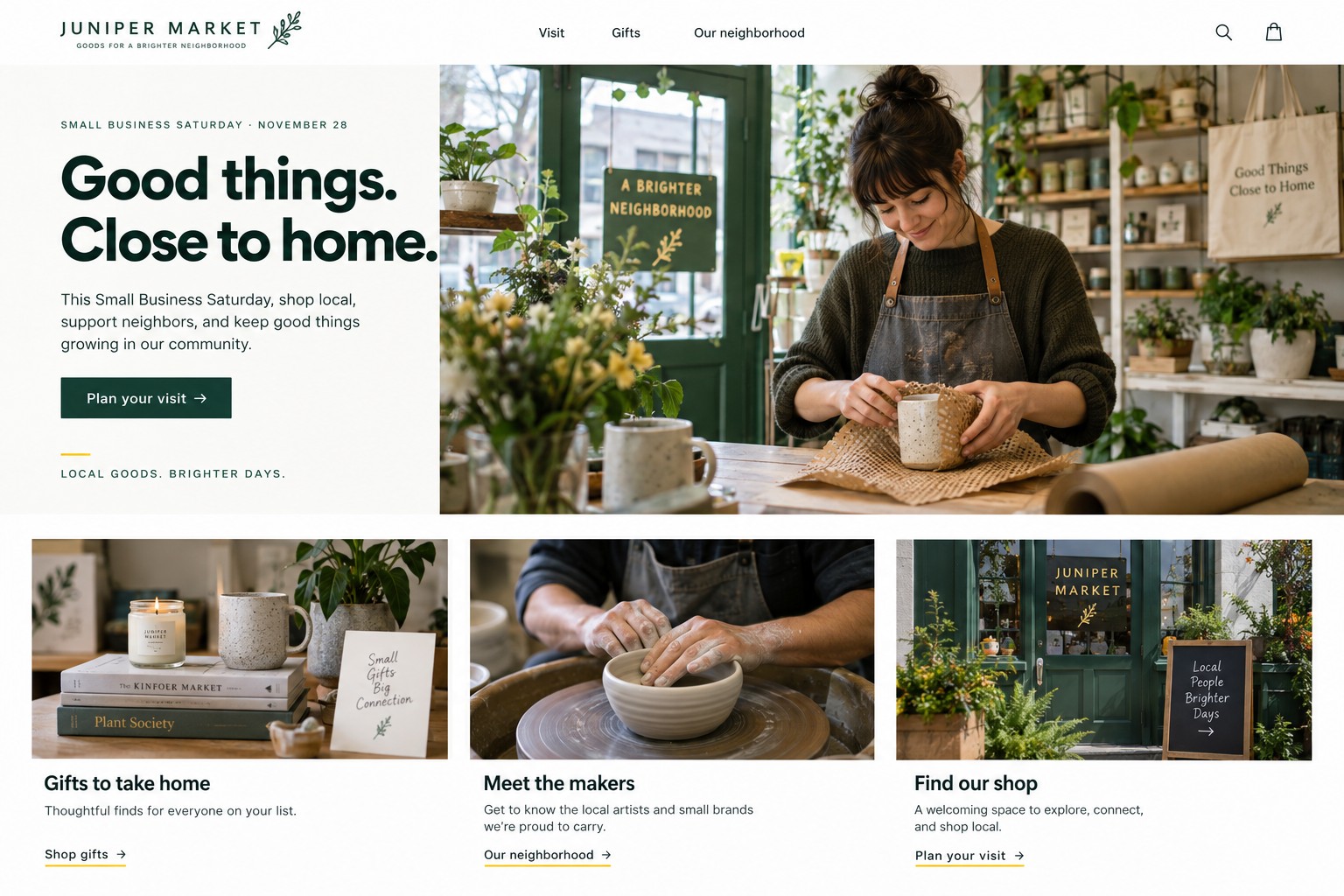 Juniper Market Small Business Saturday website concept with a shopkeeper wrapping a gift and a green storefront.