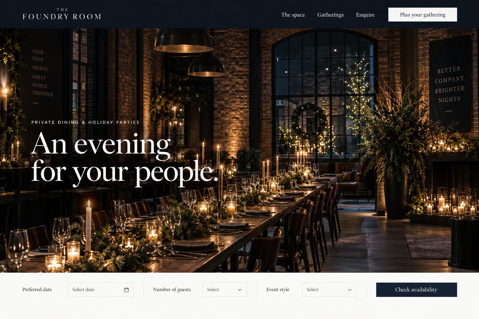 Foundry Room holiday party website concept with a candlelit dining room and a date and guest-count enquiry bar.