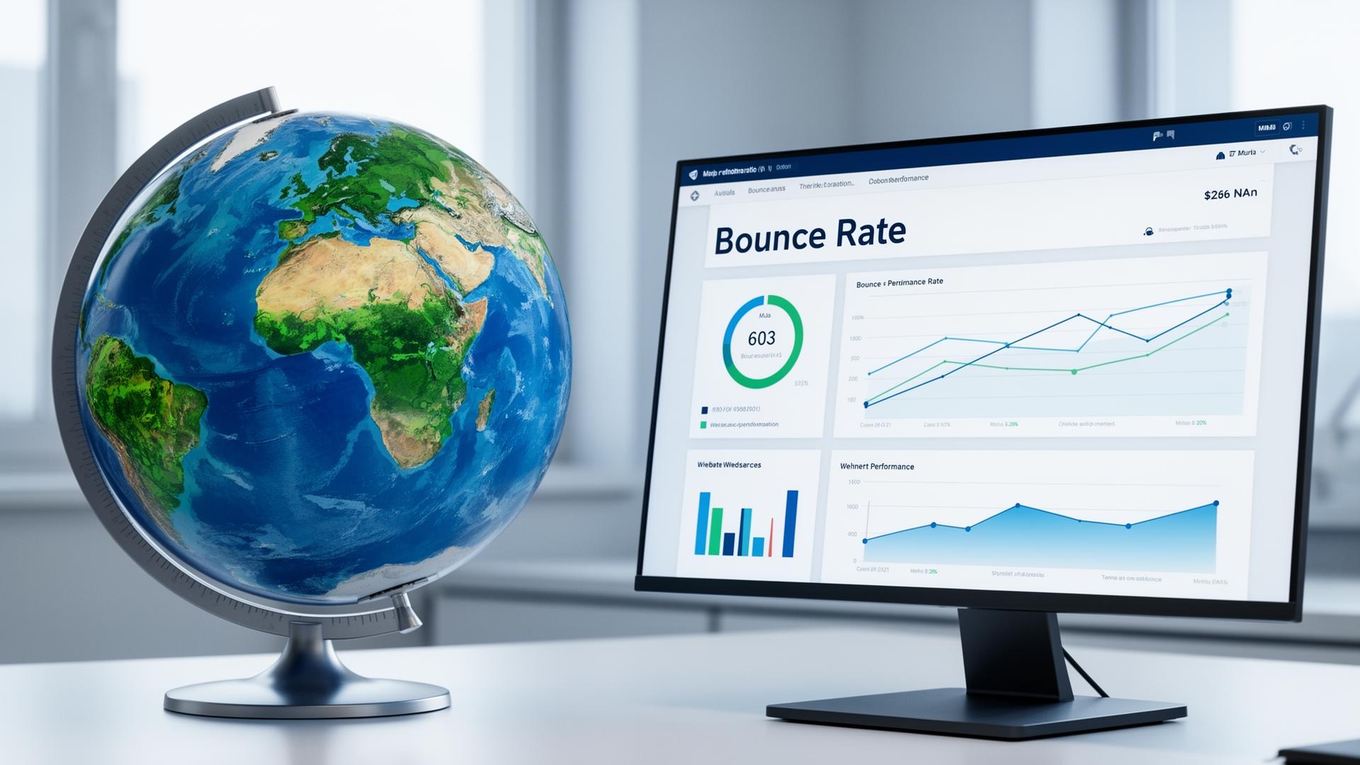 A globe beside a monitor showing website analytics