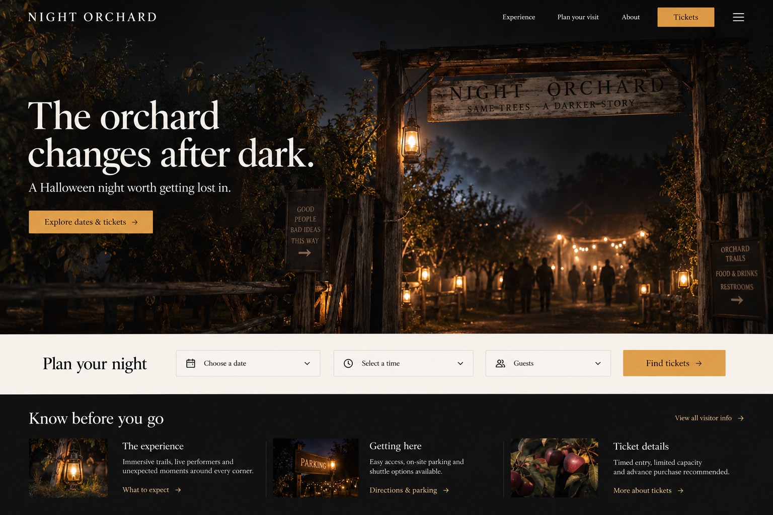 Night Orchard attraction website concept with a lantern-lit orchard and a date-and-ticket booking bar.