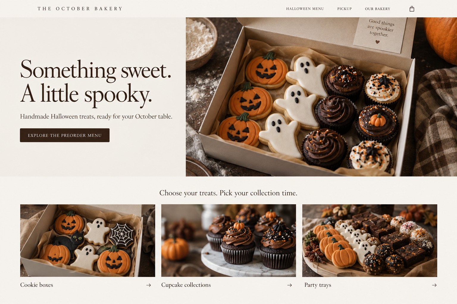 October Bakery preorder website concept with cookie and cupcake photography and collection categories.