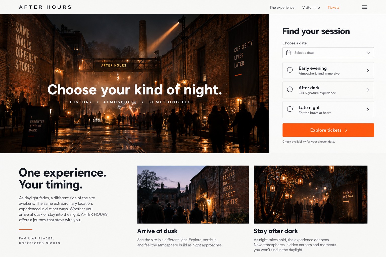 After Hours ticket website concept with a nighttime courtyard and a session-selection panel.
