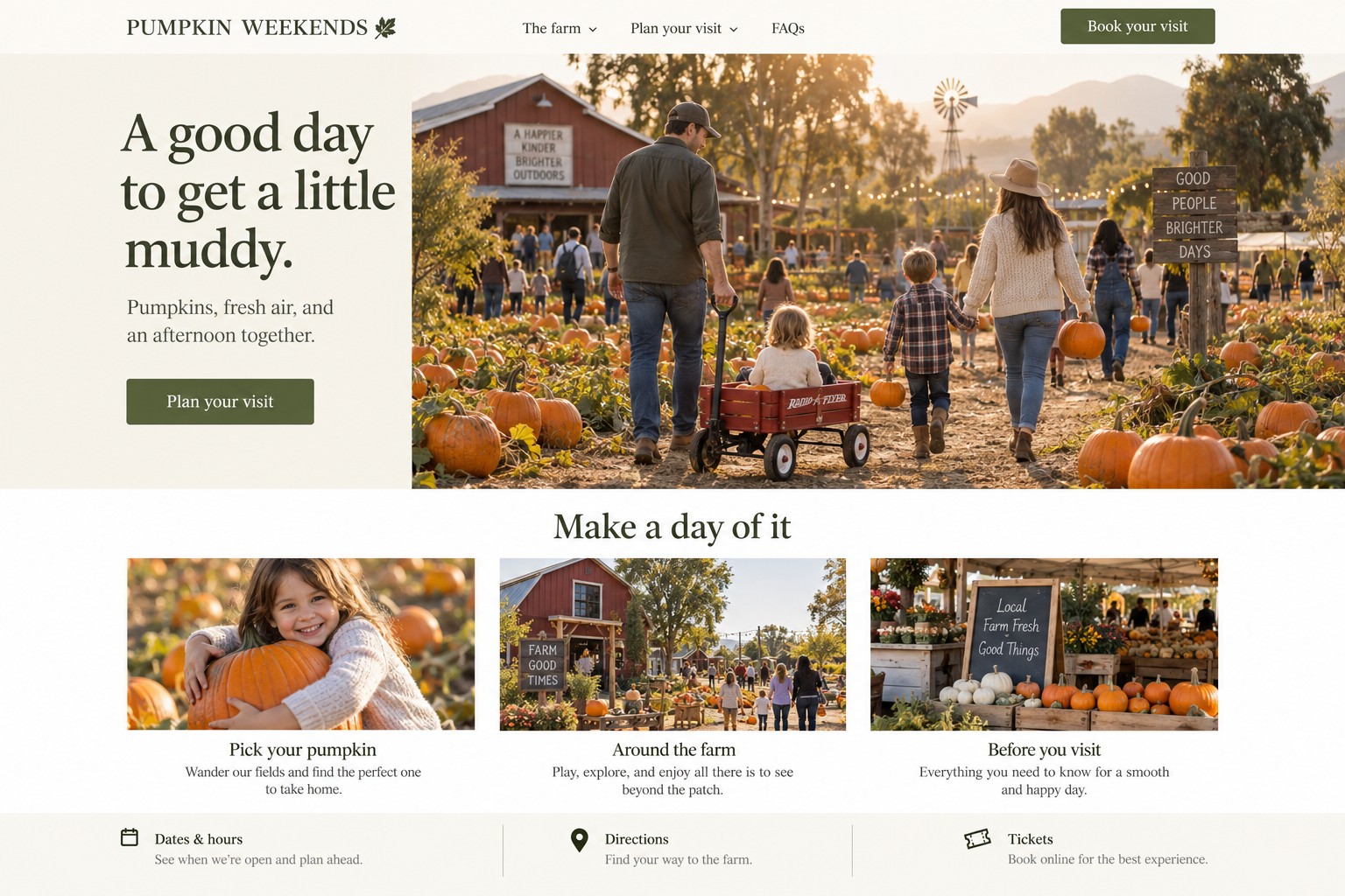 Pumpkin Weekends website concept with a family at a pumpkin farm and visitor information.