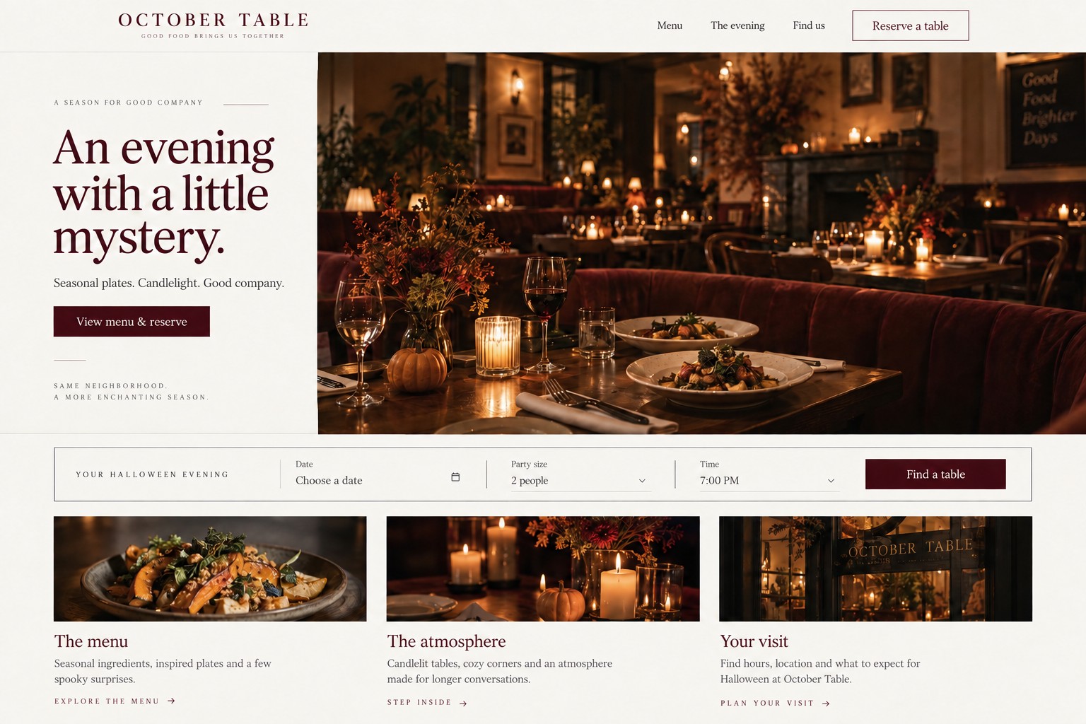 October Table restaurant website concept with candlelit dining photography and a reservation bar.