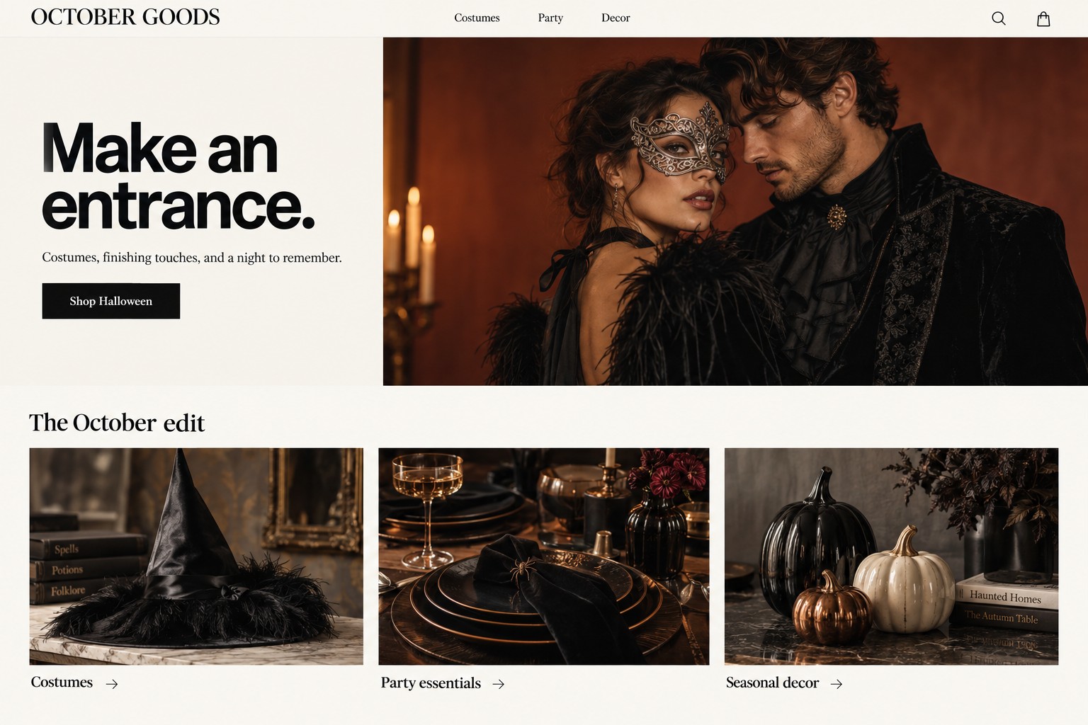 October Goods costume shop website concept with masquerade photography and three product categories.