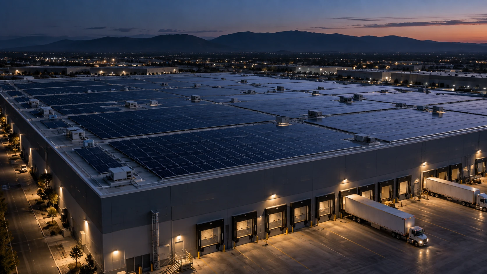Commercial rooftop with solar panels at dusk, used in a fictional social post concept